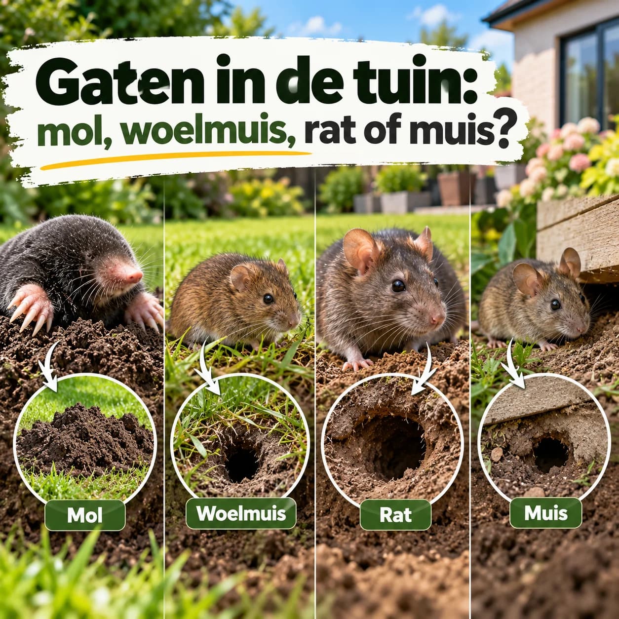Gaten in de tuin: mol, woelmuis, rat of muis?
