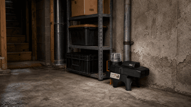 Rodent trap installed in a basement