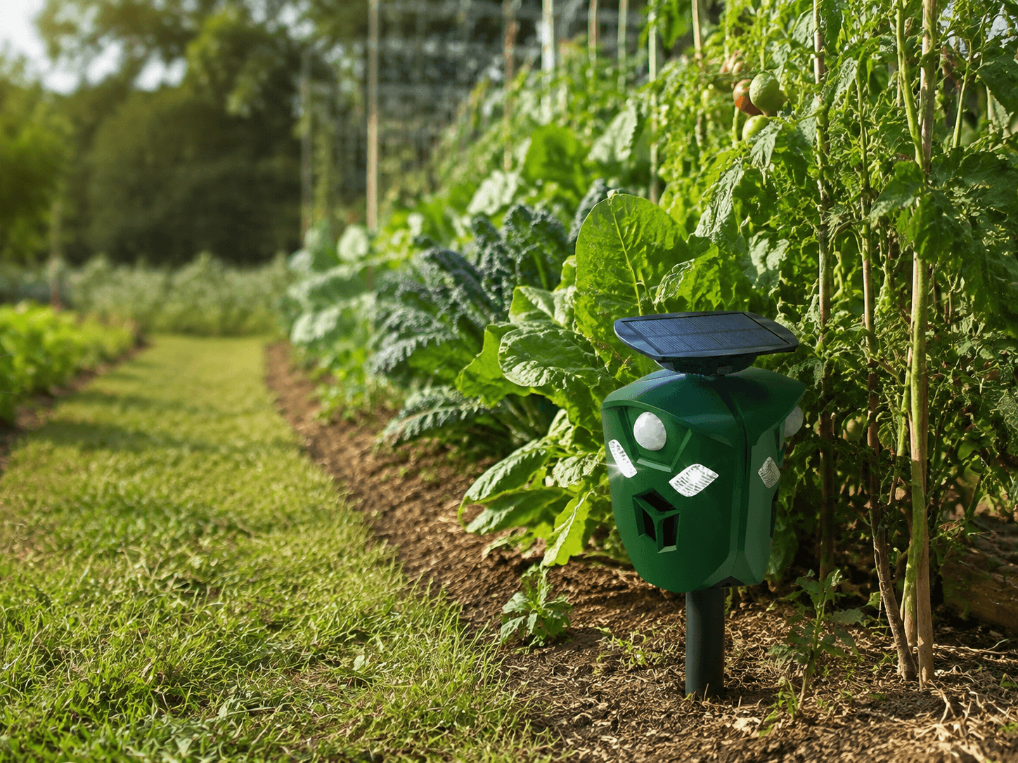 AR16 solar animal repeller monitoring a garden approach path