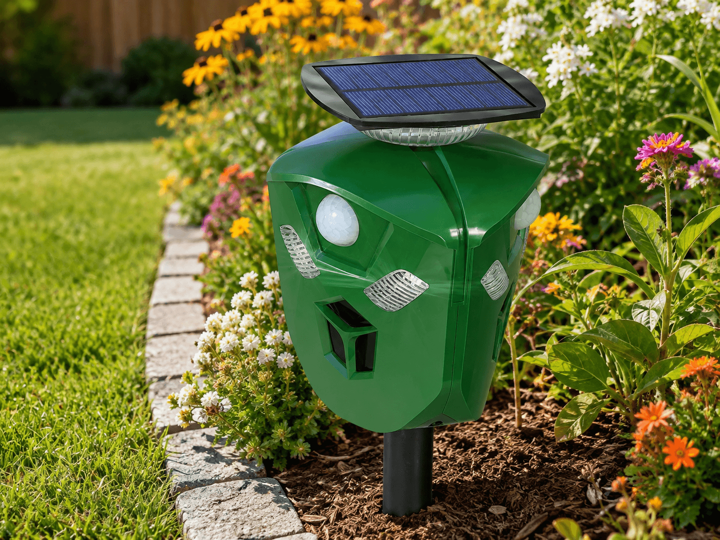AR16 solar panel and motion sensor in a flower garden