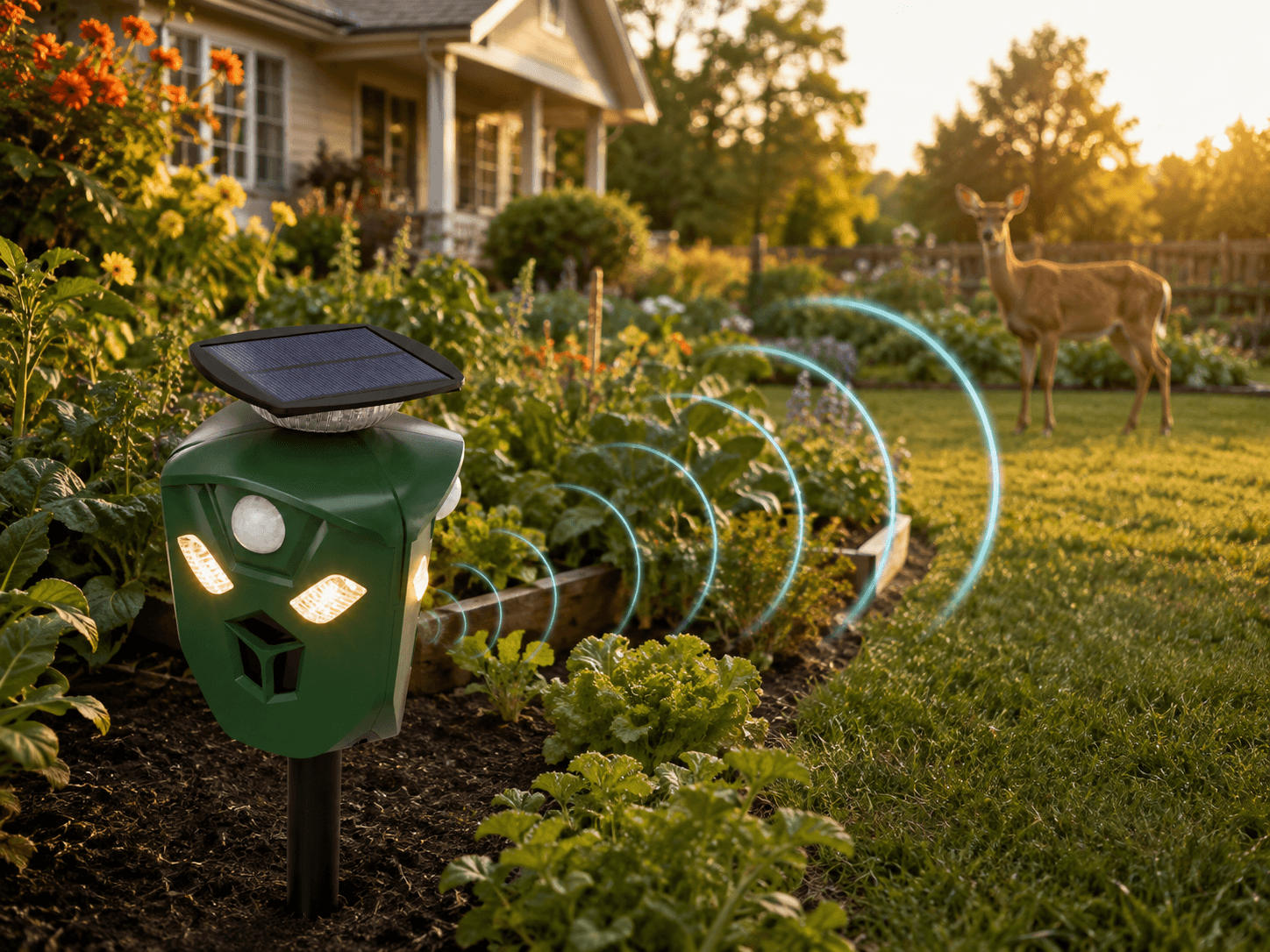 AR16 solar animal repeller helping protect a flower and vegetable garden from deer