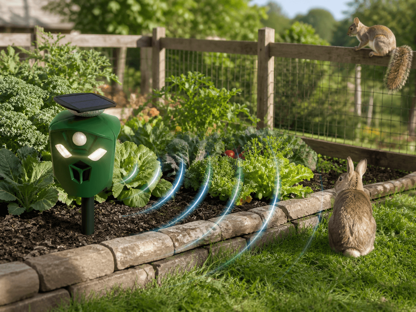 AR16 solar animal repeller placed beside a vegetable garden with rabbits and squirrels nearby
