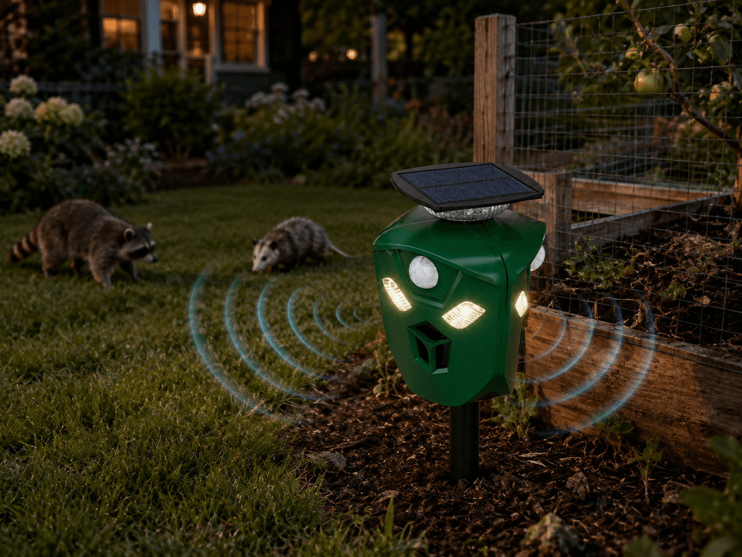 AR16 solar animal repeller monitoring a raccoon and opossum approach route