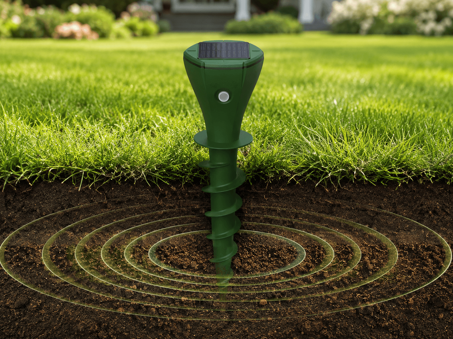 AR08M Solar Mole Repeller transmitting low-frequency ground vibration through surrounding soil