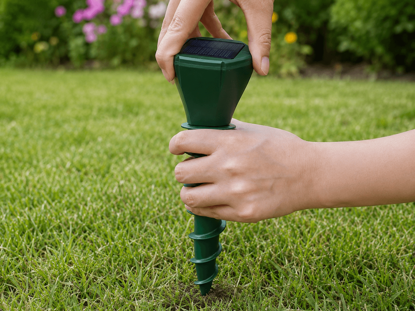 Twisting the AR08M Solar Mole Repeller directly into lawn soil by hand