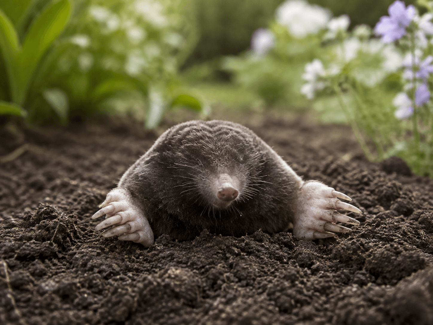 North American mole emerging from garden soil with broad digging paws visible