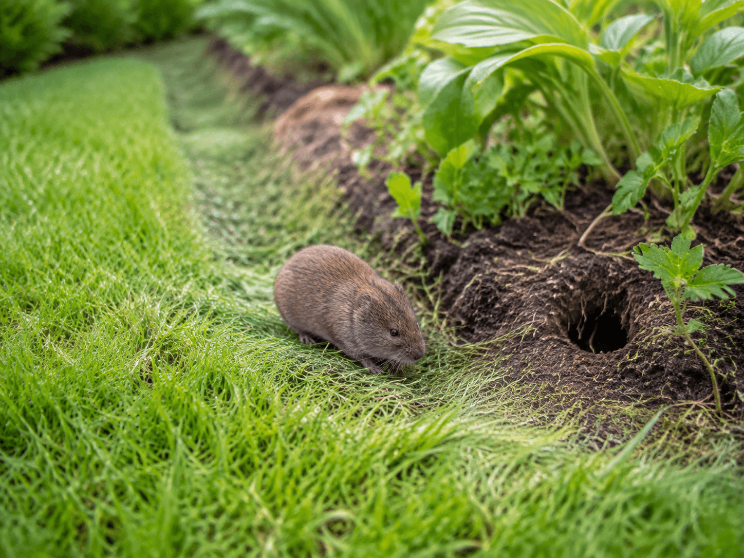 North American vole moving along a grass runway beside a garden bed