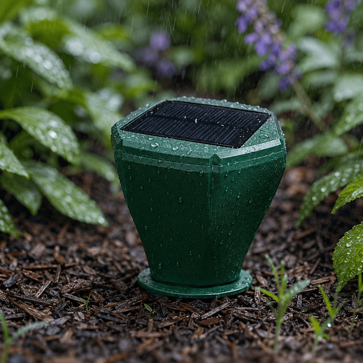 AR08M housing and solar panel with water droplets after light rain