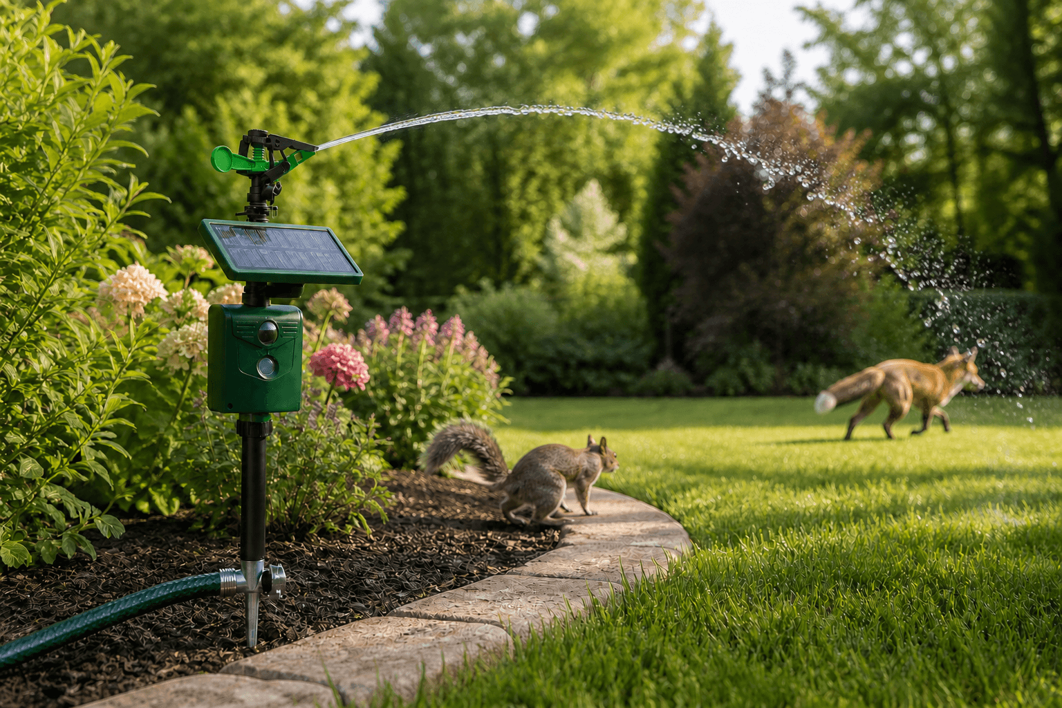 Sprinkler deterrent protecting a flower bed from foxes and squirrels
