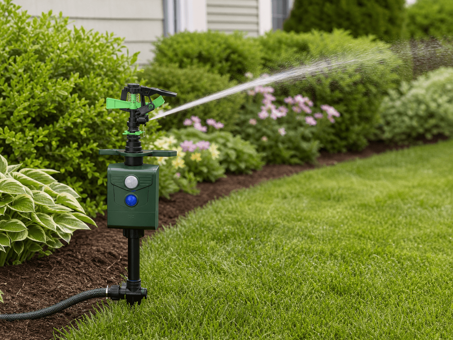 Motion Activated Sprinkler Animal Deterrent operating in a garden