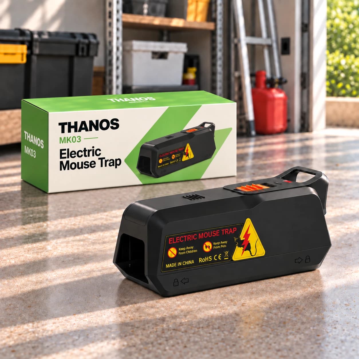 Trampa eléctrica para ratones THANOS MK03 con embalaje en un garaje