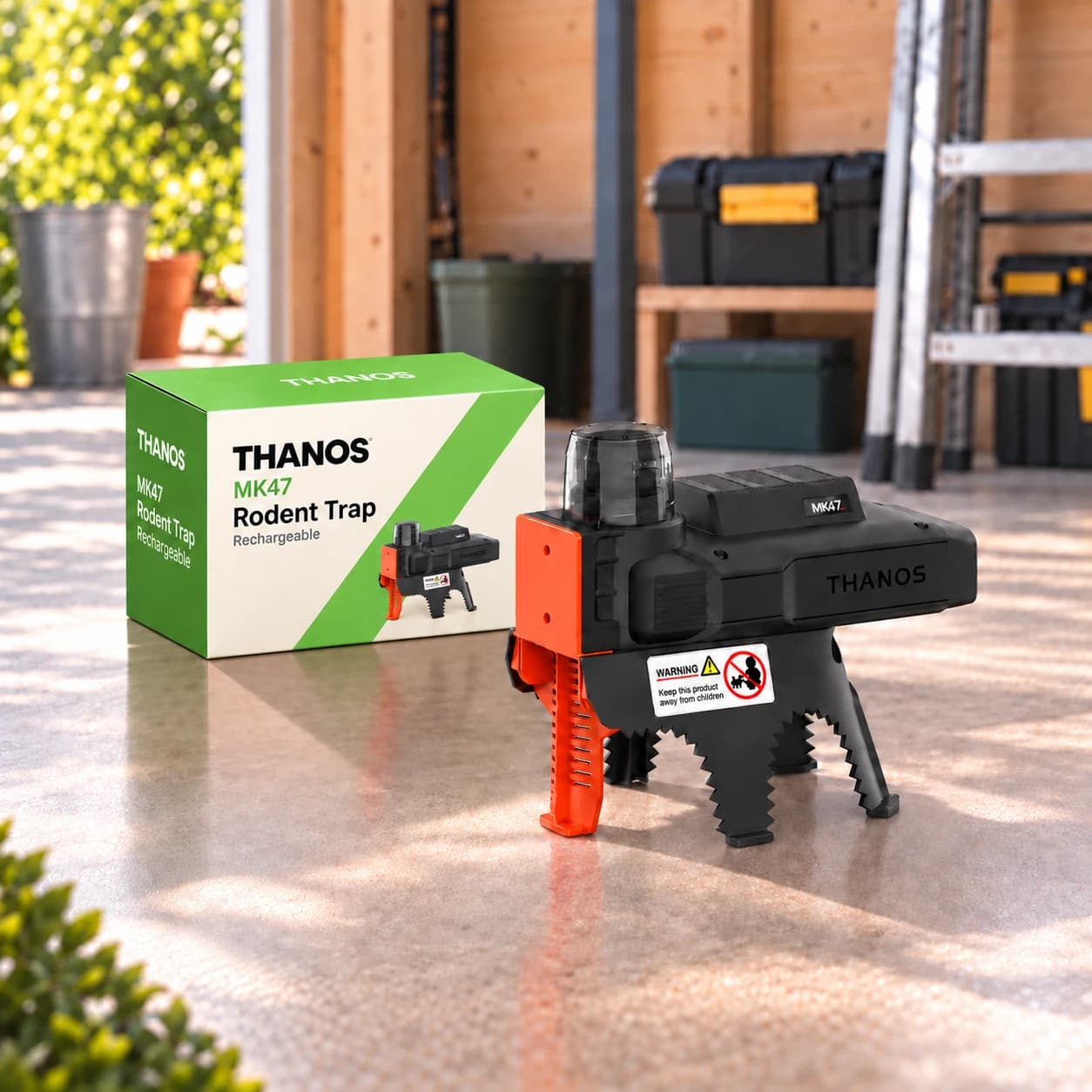 THANOS MK47 rodent trap with branded packaging in a shed